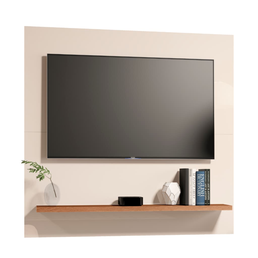 Painel Dubai Home TV 32 Polegadas Ripado Suporte Rack Sala Estante Prateleira Quarto Design Moderno Off White Freijo