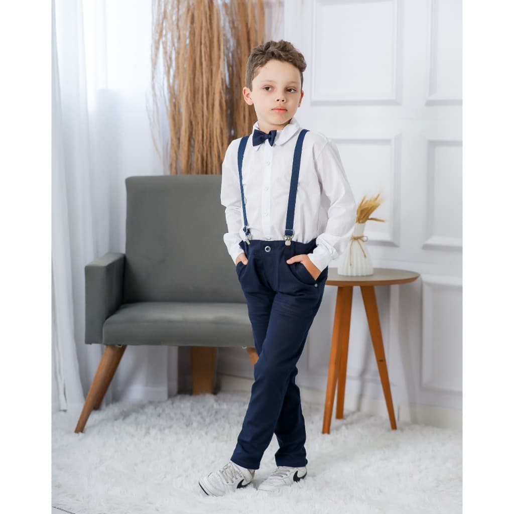 Conjunto Social Calça Marinho Camisa Branca Gravata Suspensório Batizado Casamento Pajem Formatura