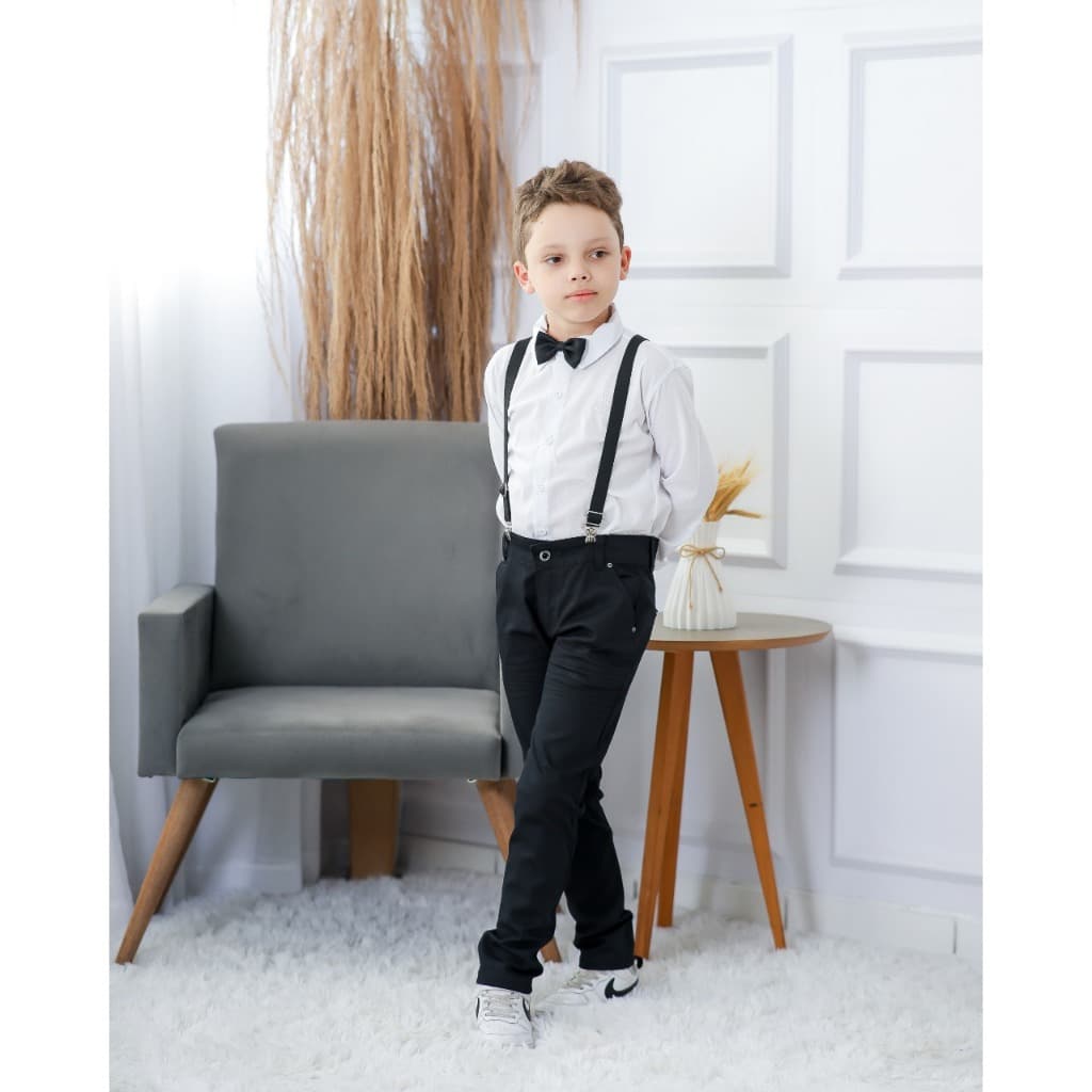 Conjunto Social Calça Preta Camisa Branca Suspensório Gravata Pajem Casamento Formatura Infantil