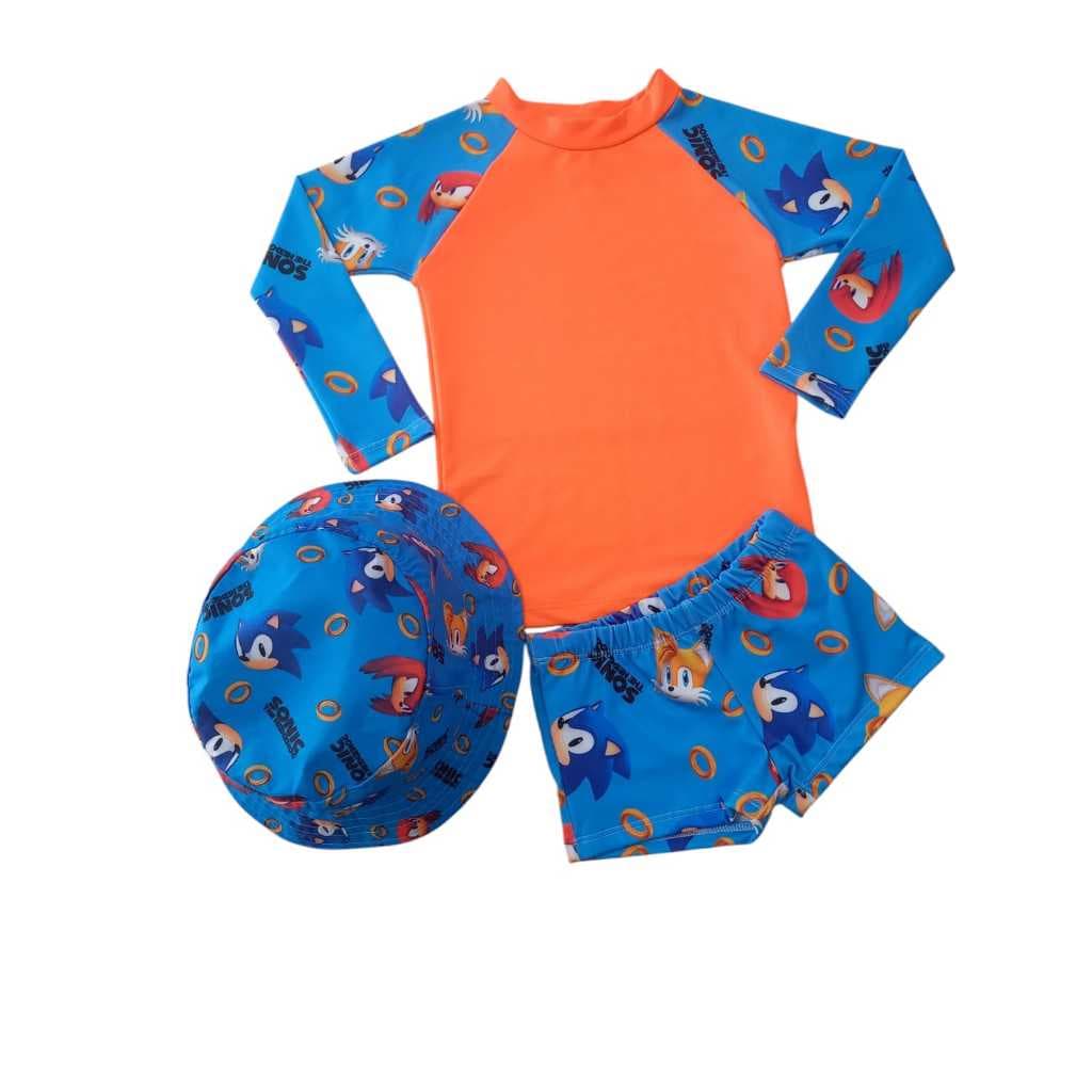 Kit Camisa Manga Longa+ Chapéu Sunga Proteção UV Infantil Menino Conjunto Moda Praia Piscina