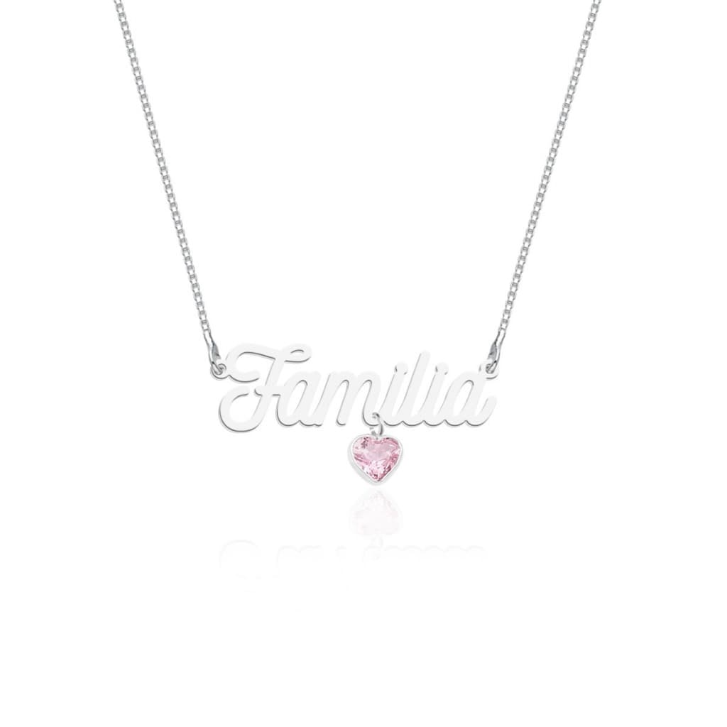 COLAR GARGANTILHA LASER PALAVRA FAMÍLIA COM CRISTAL CORAÇÃO 5X5MM ROSA