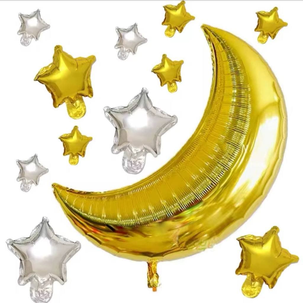 Kit c/ 21 Pcs Balão Metalizado 1 Lua Dourado 73cm + 10 Estrela Dourado 25cm + 10 Estrela Prata 25cm
