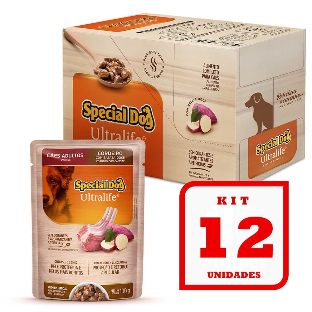 Kit 12 Sachê Special Dog para Cães Adultos sabor Cordeiro e Batata-Doce 12x100g