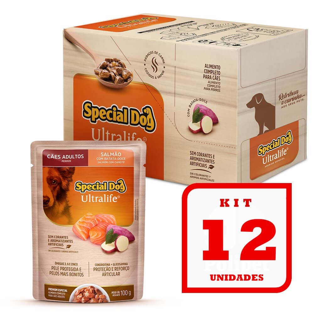 Kit 12 Sachê Special Dog para Cães Adultos sabor Salmão e Batata-Doce 12x100g