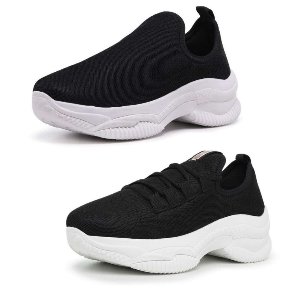 Kit 2 Pares de Tênis Preto Meia Feminino Sem Cadarço Confortável 33 ao 40