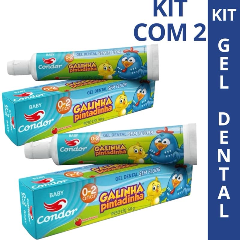 Kit 2x Gel Dental Infantil Sem Flúor Sabor Morango Galinha Pintadinha Condor Baby 50g