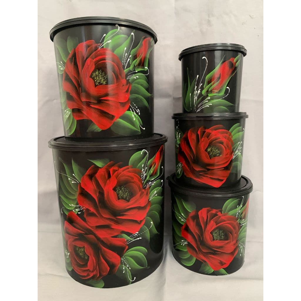 Jogo de Mantimentos 5 potes Decorados Pintados a Mão Tampa Hermética Organizador de Cozinha Rosas
