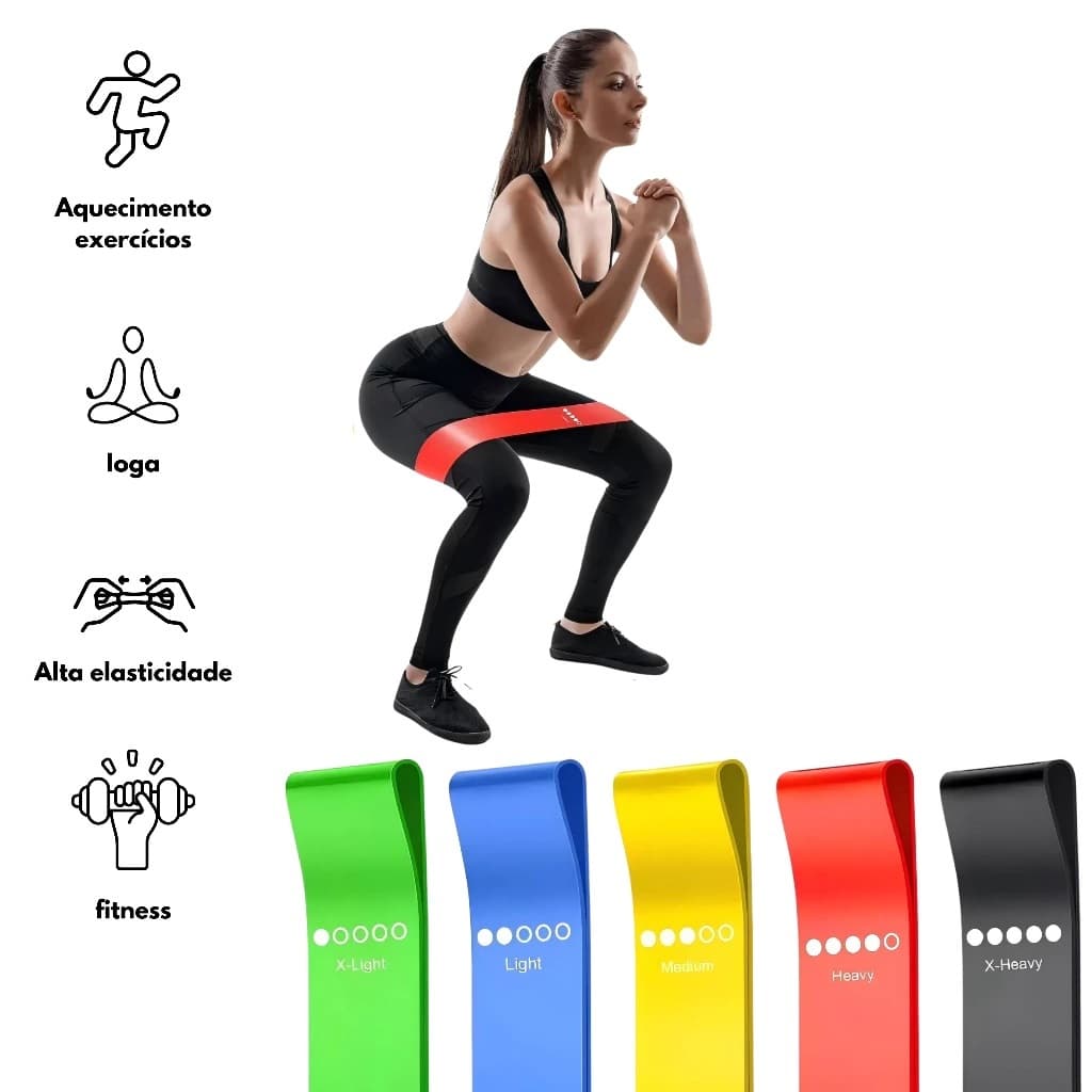Kit 5 Faixas Elásticas Para Exercícios Multifuncional Yoga Fisioterapia e Treino