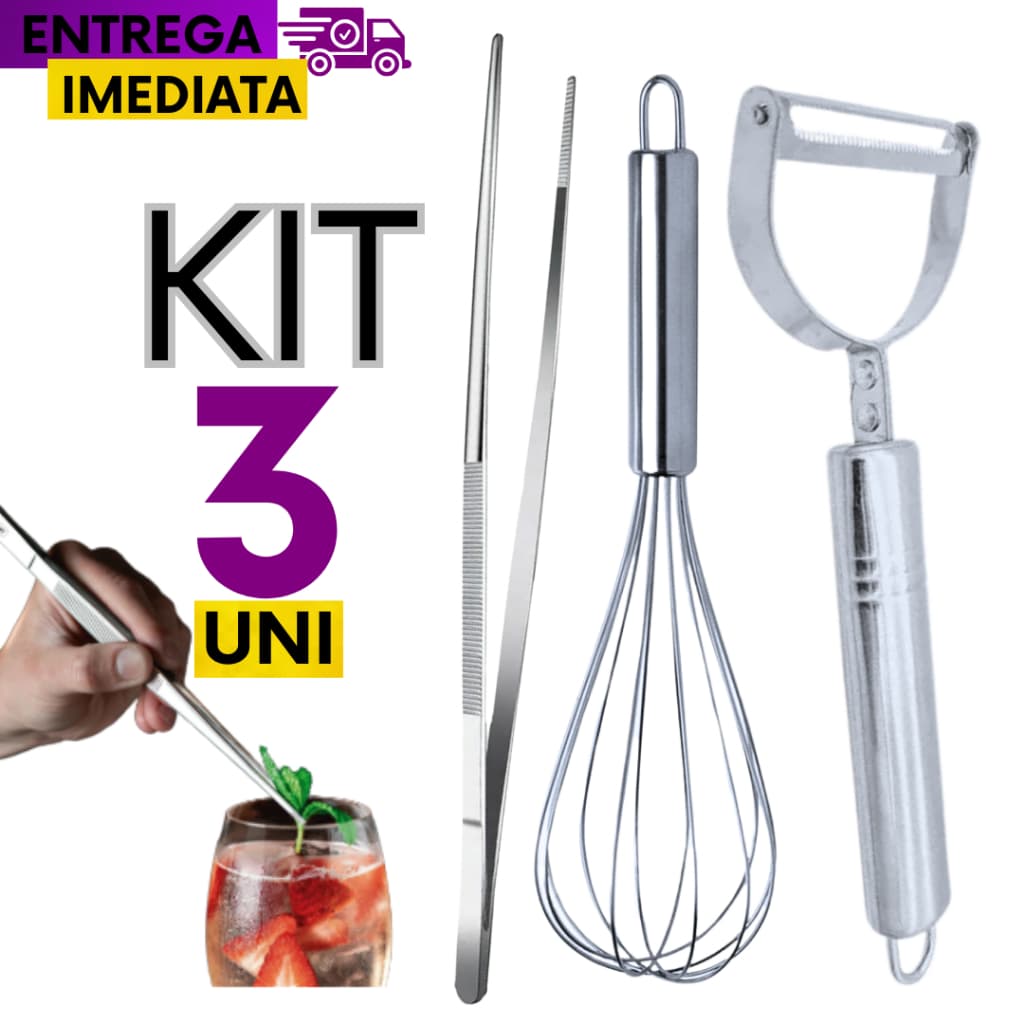Conjunto Inox 03 Unidades - Descascador de legumes Verduras Batedor de Ovos Fuet Pinça Culinária Cozinha Casa