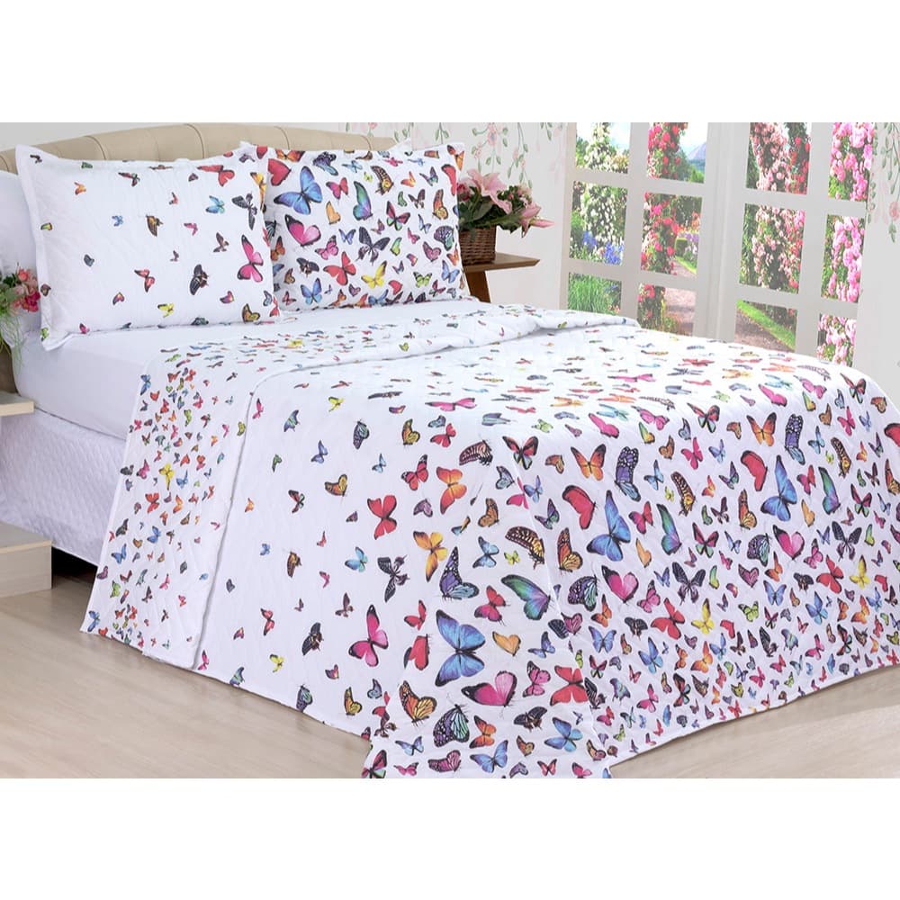 Kit Cobre Leito Cama Casal Queen Branco Dupla face Jogo de cama Borboleta 2,40 m x 2,50 m 3 Peças