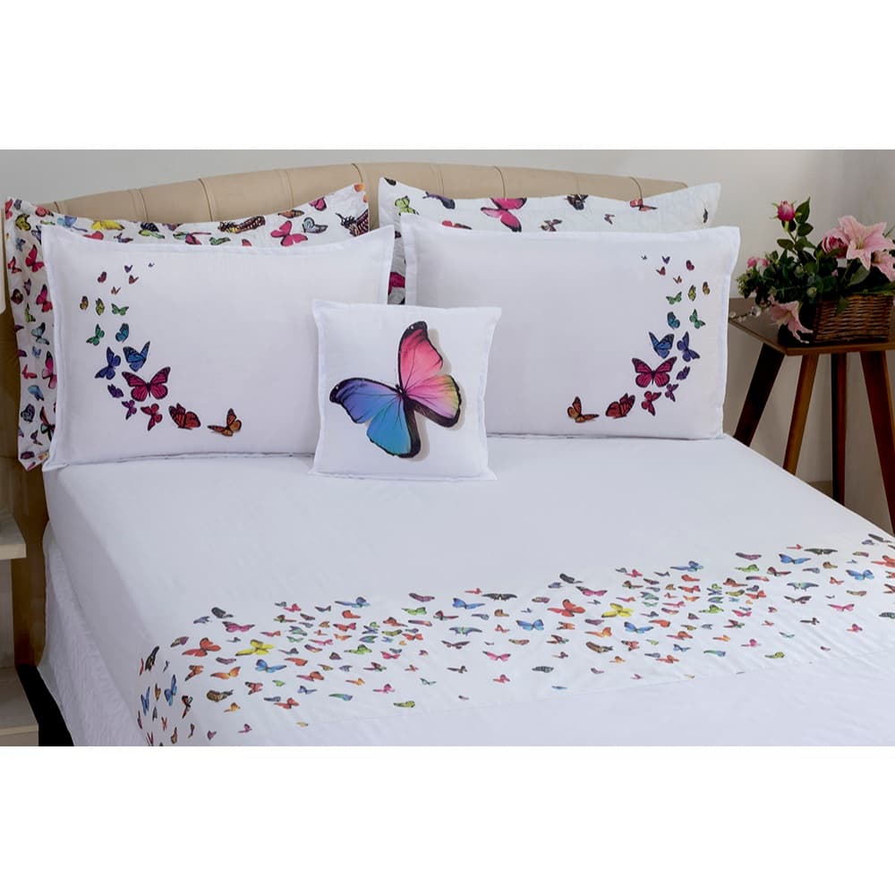 Jogo de Lençol Com Elástico Cama Casal Queen Completo Branco Borboletas 4 Peças