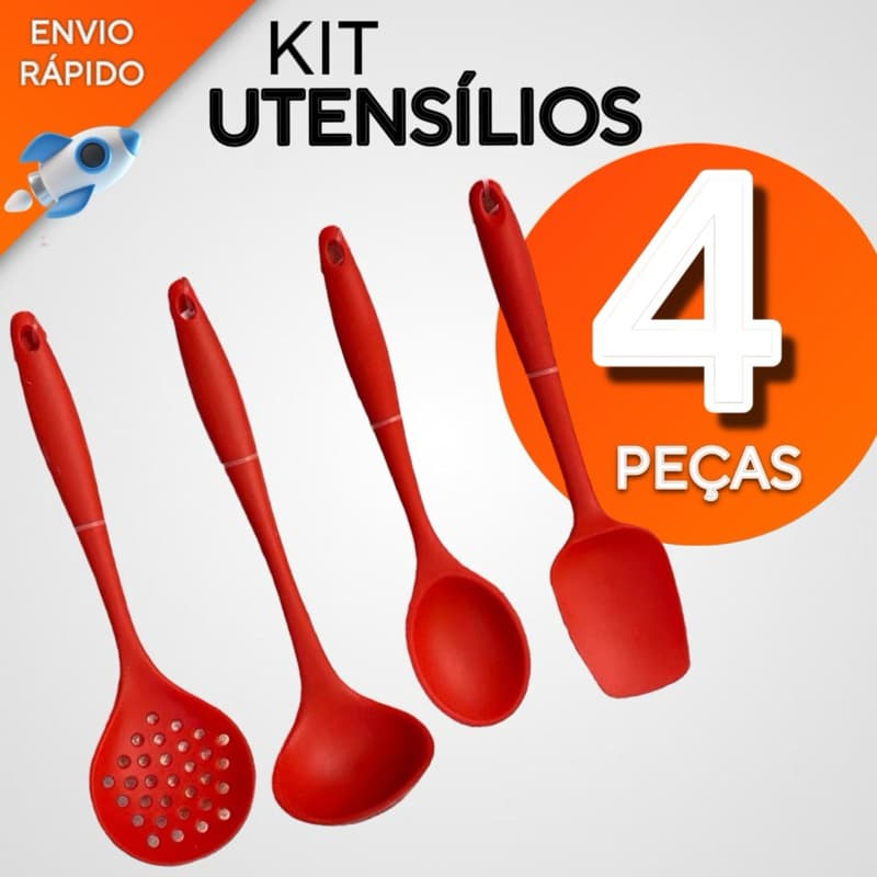 Kit Utensílios de Silicone para Cozinha Concha, Colher Escumadeira e Espátula 4 peças