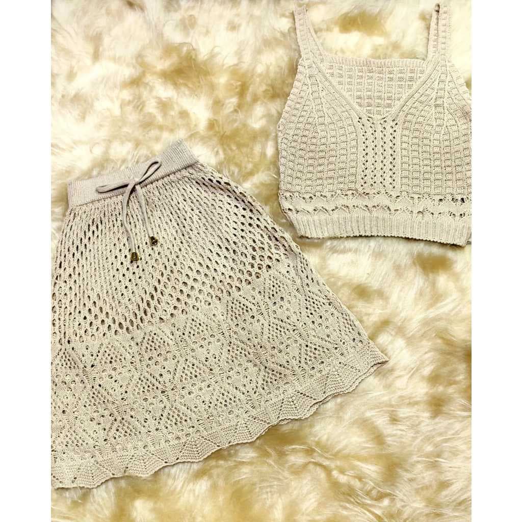 Conjunto de Saida de Praia Tricot  Moda Feminina Saia e Top Crochê Verão Praia