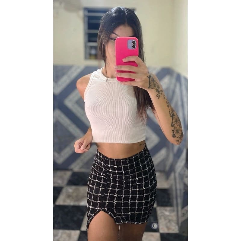Conjunto 2pcs de saia com top xadrez sólida e barra dividida blusinha moda blogueira cropped
