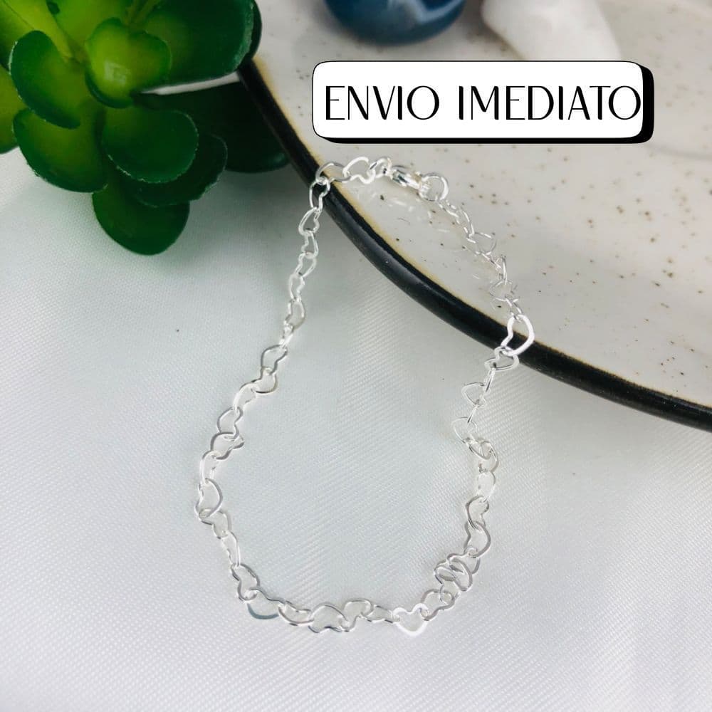 Pulseira Feminina Elo De Coração Vazado Banhado Prata 925 Com Garantia