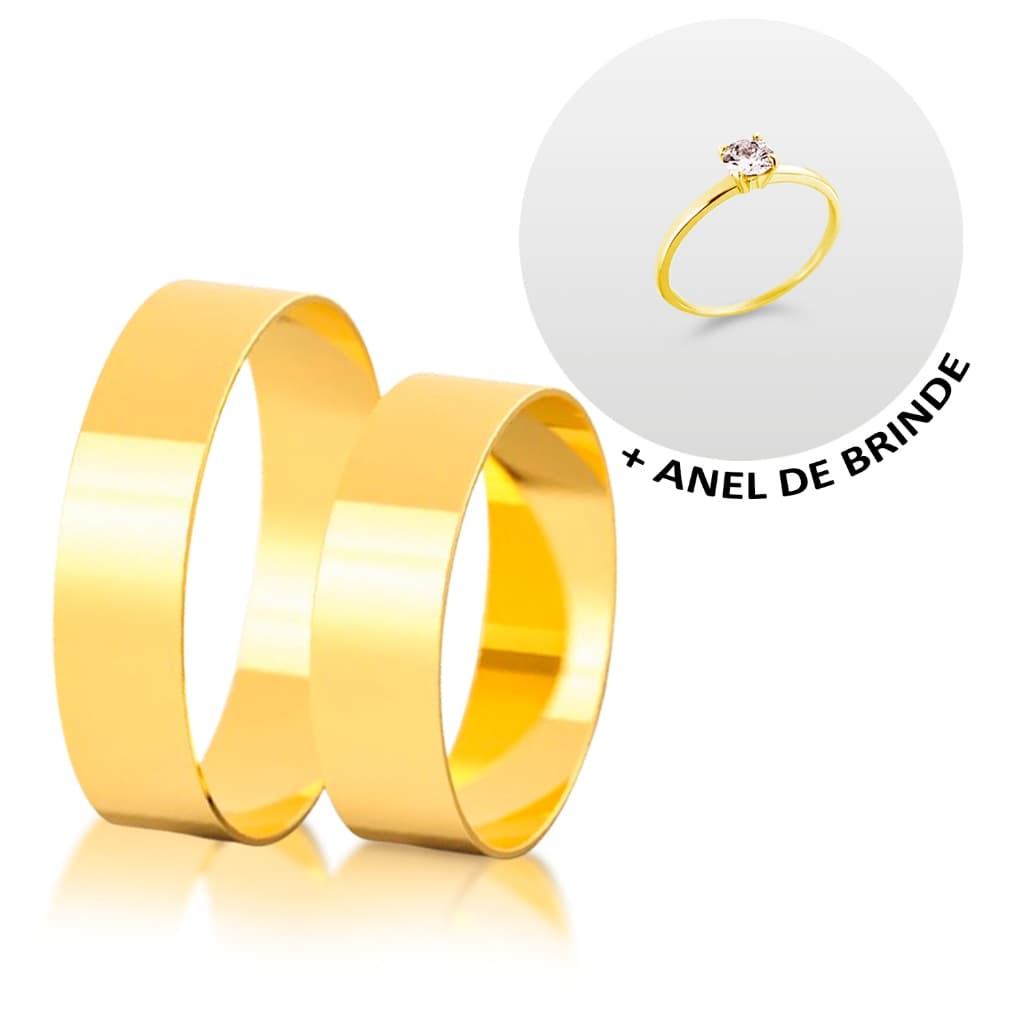 Par De Aliança Moeda Antiga Reta 6mm Dourada Mais Anel Solitário Casamento Noivado Namoro Cor Ouro