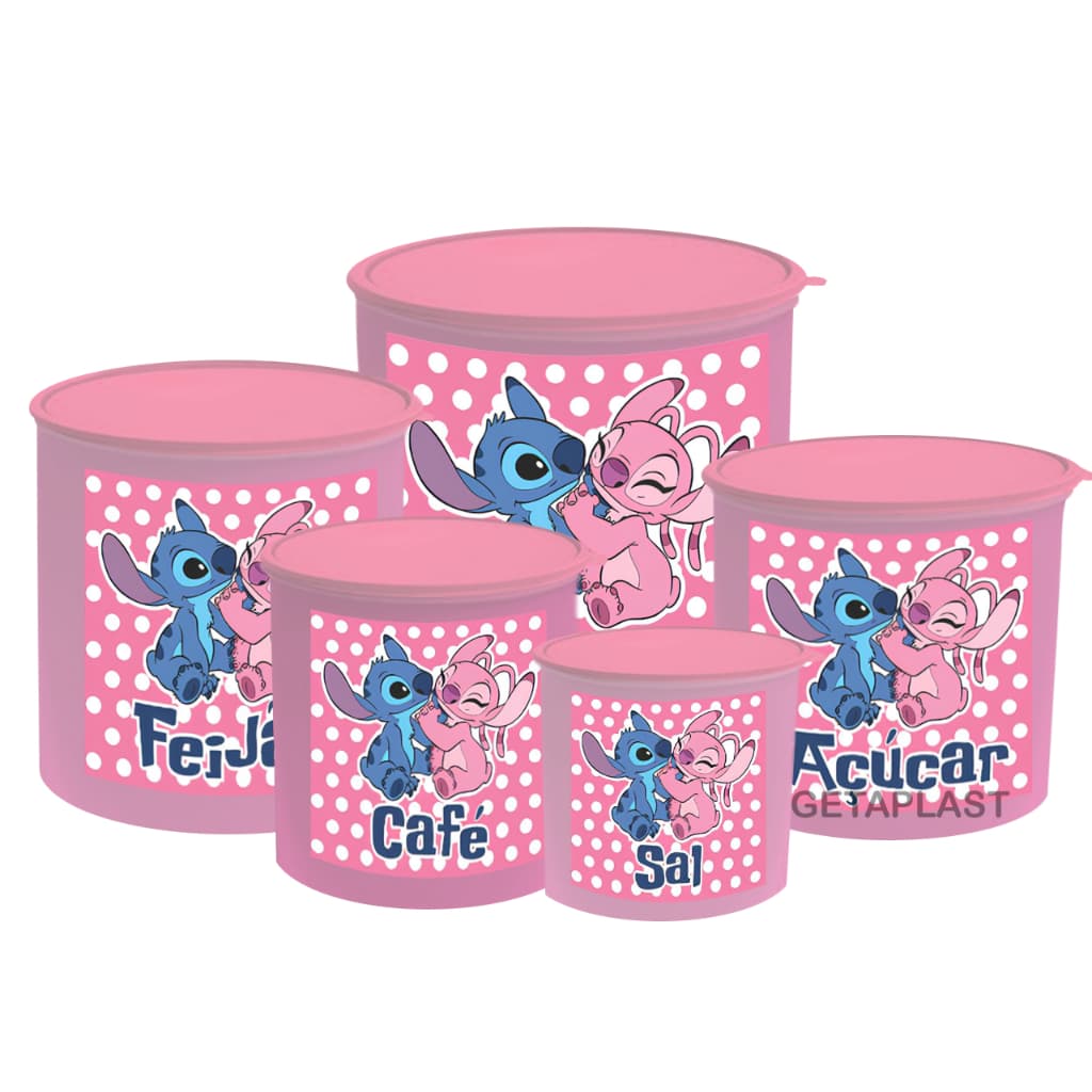 Jogo De Mantimento De Plástico 5 Peças potes de cozinha porta mantimentos FECHAMENTO SEGURO Redondo STITCH