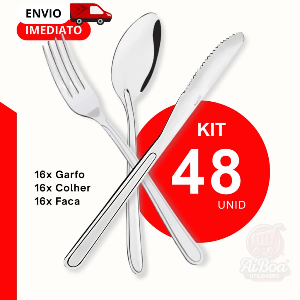 Kit 48 Talheres Garfos Facas e Colheres de Aço Inox para Almoço Jantar Refeição para Bar Restaurantes e Uso Diário