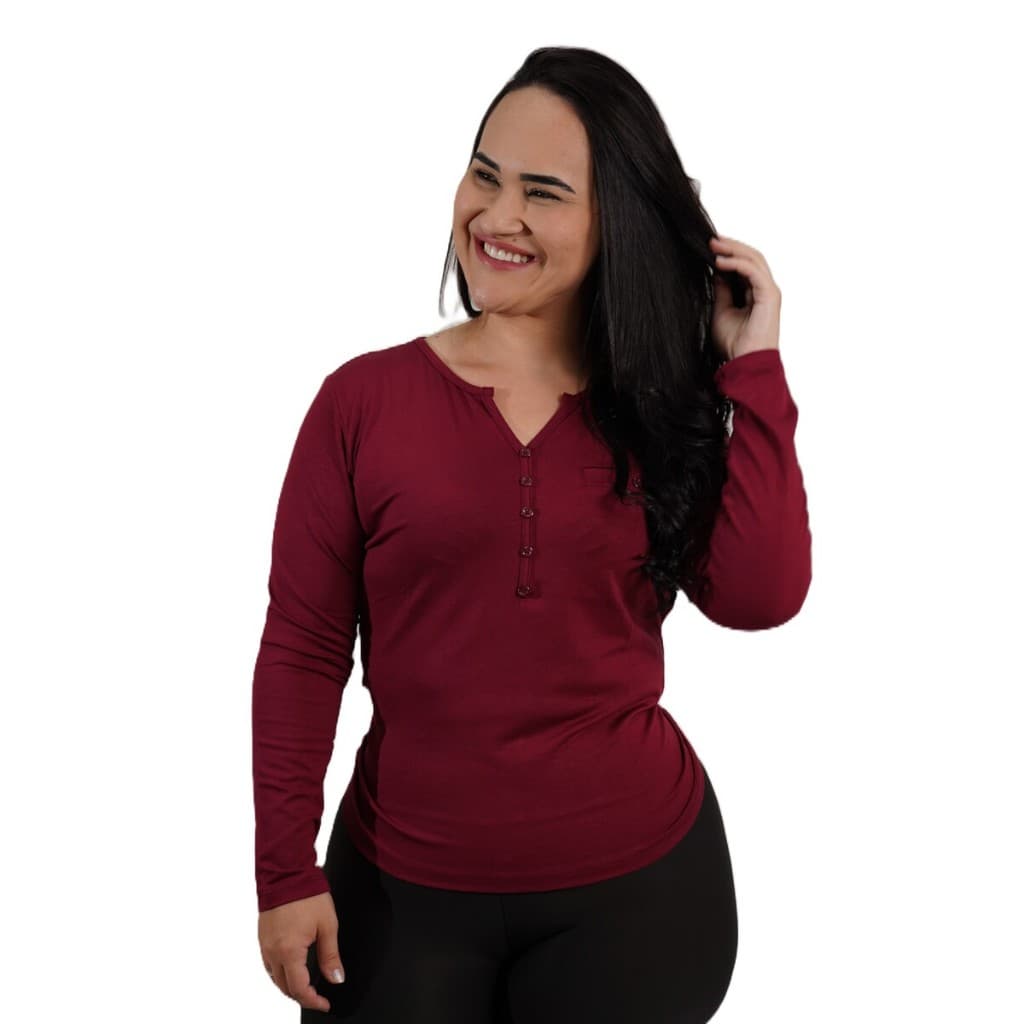 Blusa T shirt feminina Plus-size, Camiseta Manga longa com detalhe em botão moda Fashion 2026