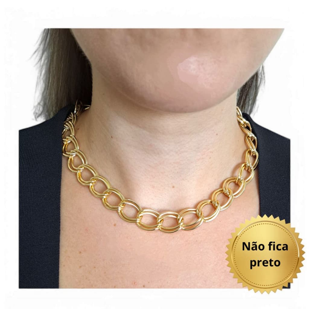 Colar de Elos Duplos, Semijoia, Acessório Feminino, Verniz Italiano, Anti-alérgico