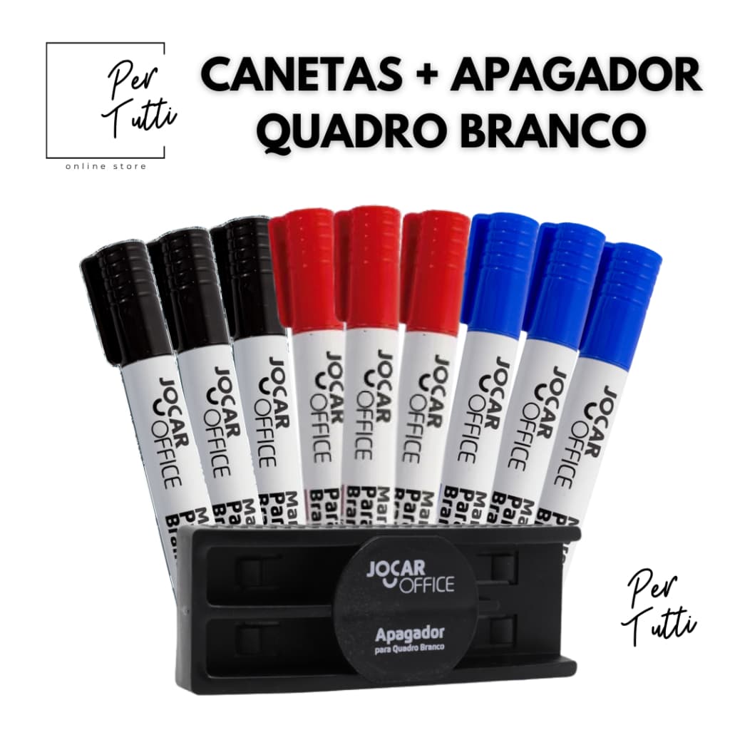 Caneta para Quadro Branco + Apagador - Pincel Marcador Quadro Branco - Azul, Preto e Vermelho