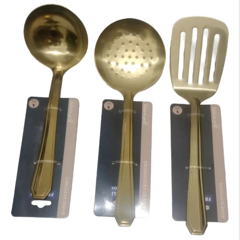 Kit Utensilios Em Aço Inox Dourado 3pçs