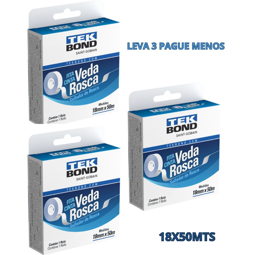 Fita Veda Rosca Para Encanamento Em Geral 3 unidades 50 Metros Tekbond Veda Tudo