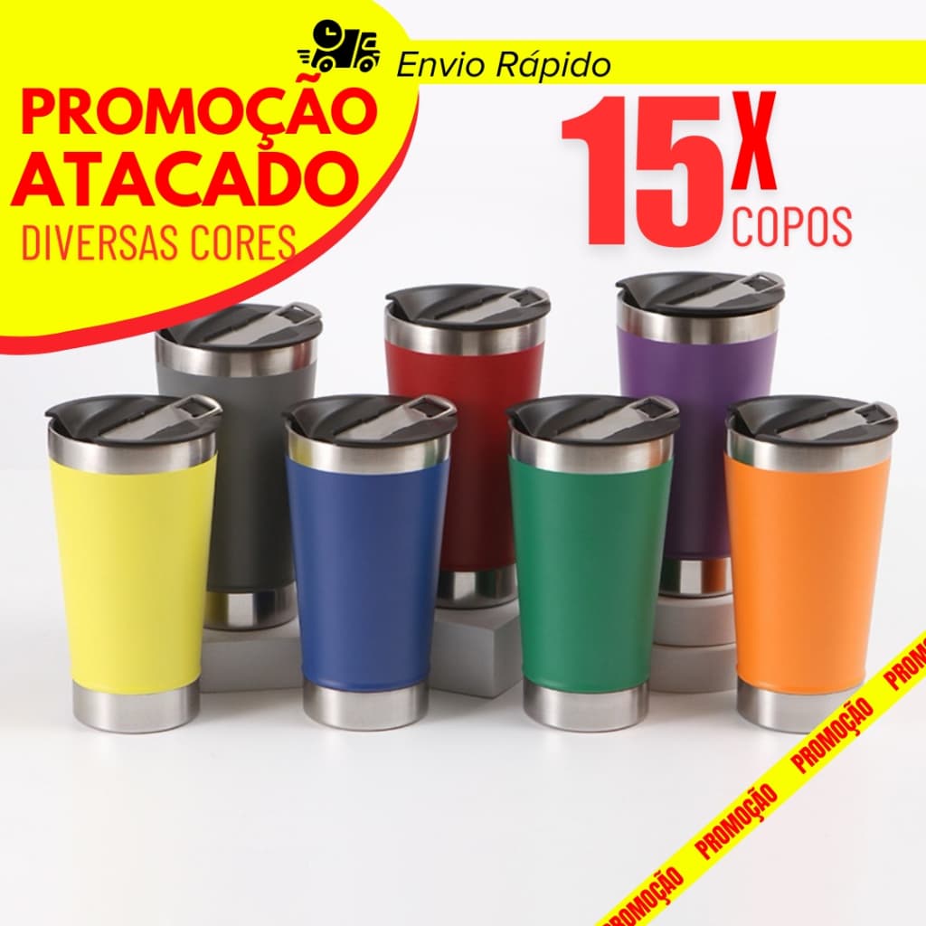 Kit 15 Copo Térmico 473ml Com Tampa e Abridor Copo Inox Atacado Sem Logo Premium