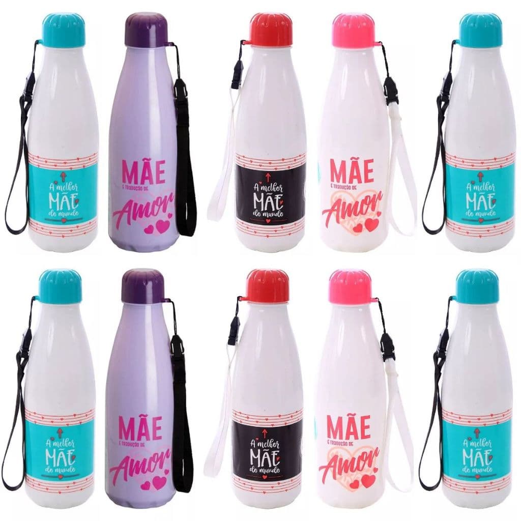 Kit 10 Garrafas Plásticas Dia das Mães Atacado 600mL Garrafinha Grande Presente Menina Fitness Agua Pote Vasilha