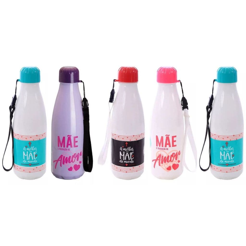 Kit 05 Garrafas Plásticas Dia das Mães Atacado 600mL Garrafinha Grande Presente Menina Fitness Agua Pote Vasilha