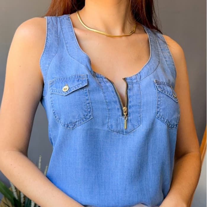 Regata feminina jeans verão com zíper e bolso