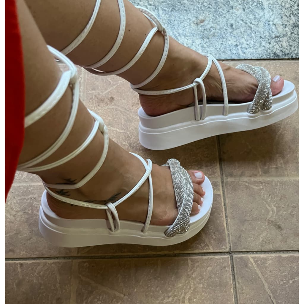 Papete Gladiadora Amarraçao Luxo Strass Plataforma Birken Alta Branca caramelo amarrar ajustável