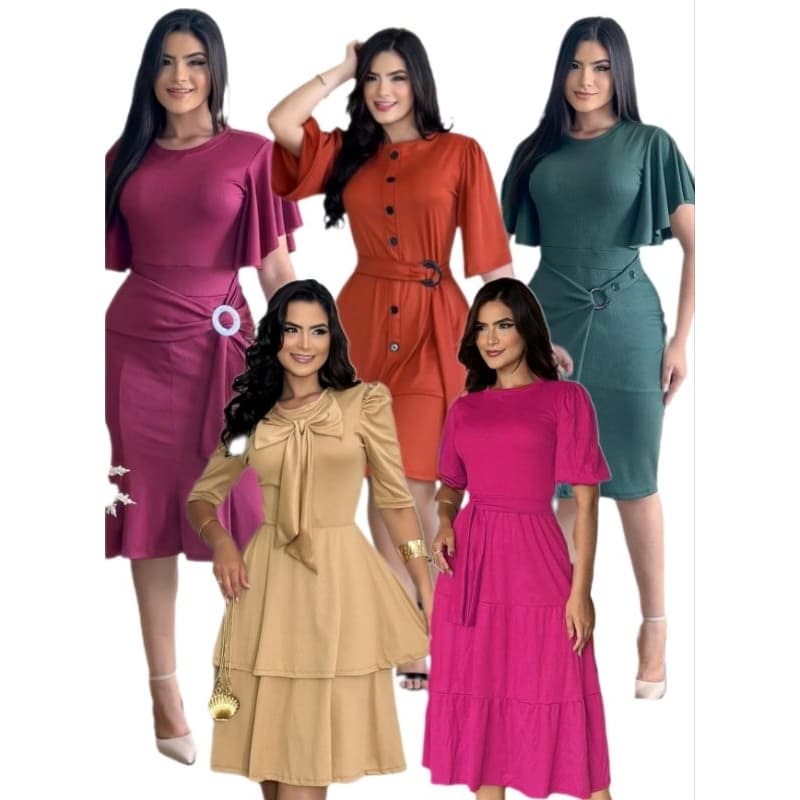 Kit com 5 vestidos modelos variados atacado vestido feminino midi evangelico