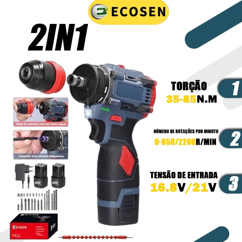 Furadeira Parafusadeira de impacto a bateria 16.8V/21V e acessórios -10MA - (110V220V) ECOSEN
