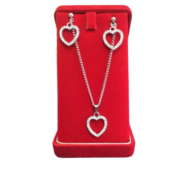 Conjunto de Colar + Brincos Feminino Aço Inox Prata Antialérgico Coração com Zircônia