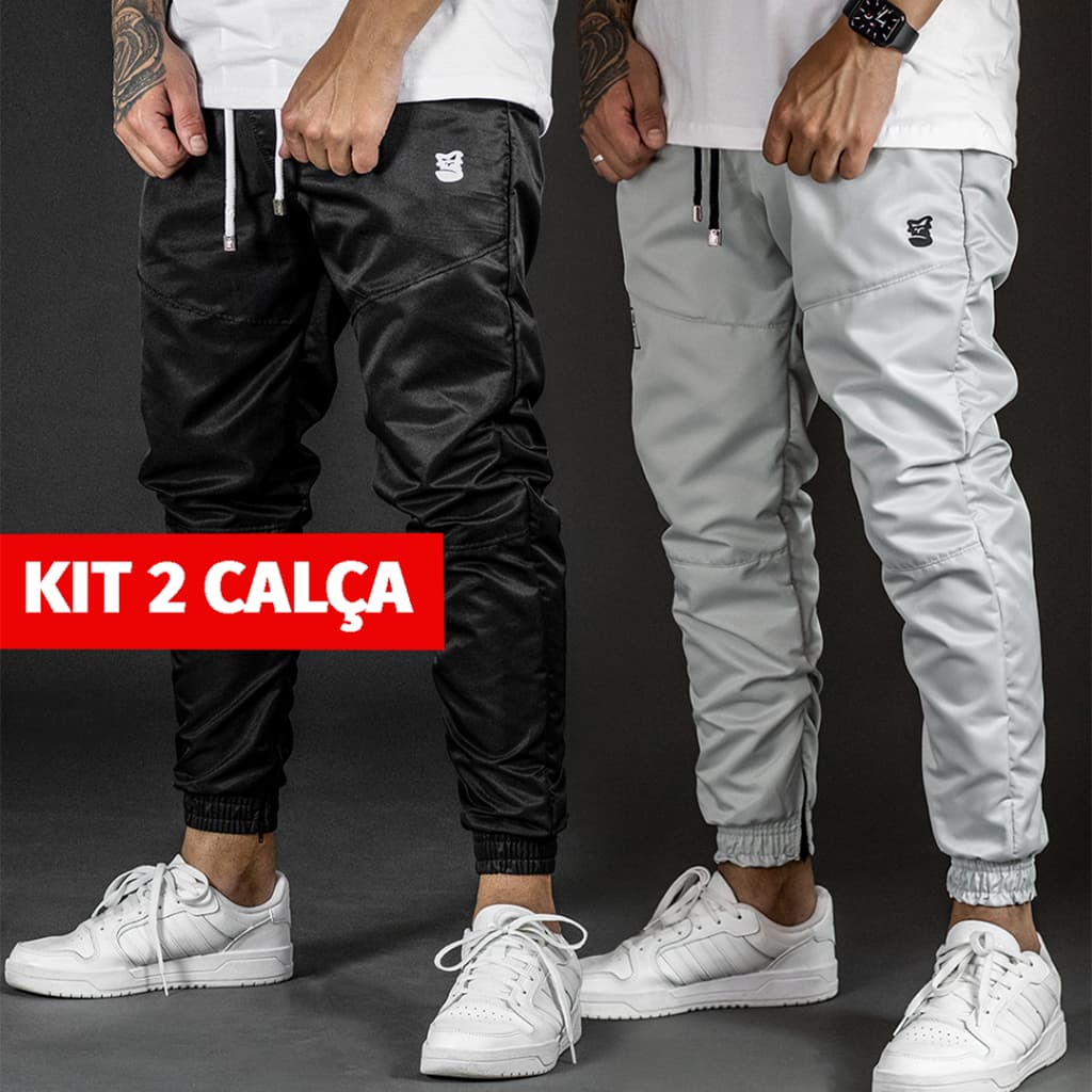 KIT 2 Calça Jogger Tactel Premium Preta com ziper Streetwear - Black Targ