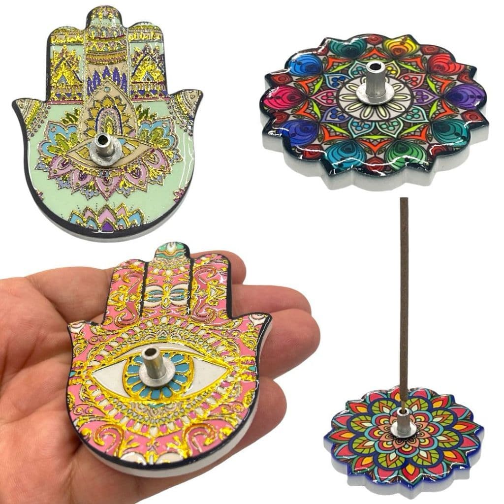 Incensário Mão de Fatima Hamsá Olho Grego Turco Cerâmica Flor de Lotus Porta Incenso Mandala