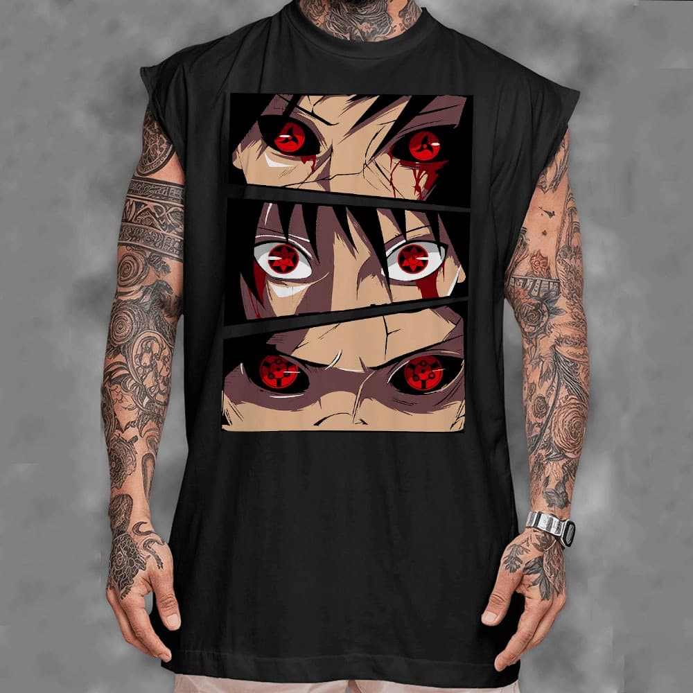 Camiseta regata machao oversized masculino anime narut Sharingan Madara Sasuke uchiha manga em algodao unissex