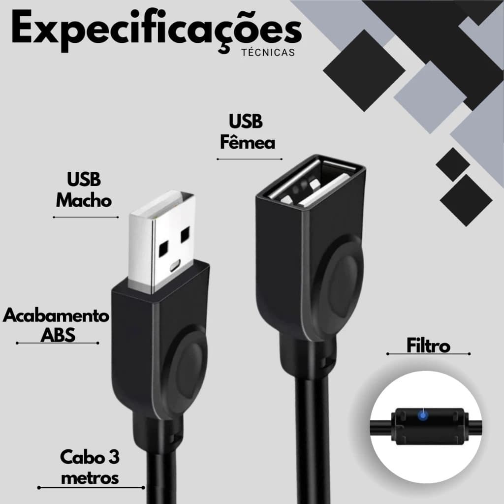 Kit 3 unidades Cabo Extensor Usb 2.0 10 Metros Extensão Macho / Fêmea Exbom