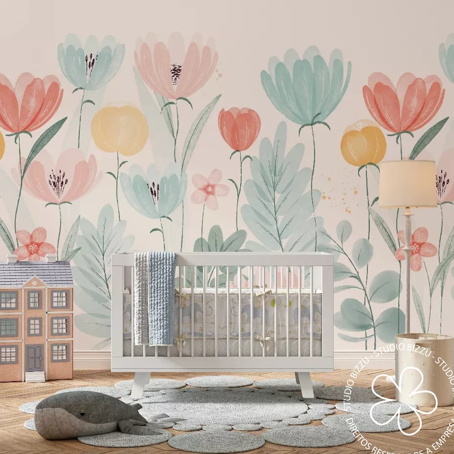 Papel de Parede Infantil de Flores Aquarelas em Tons Pasteis