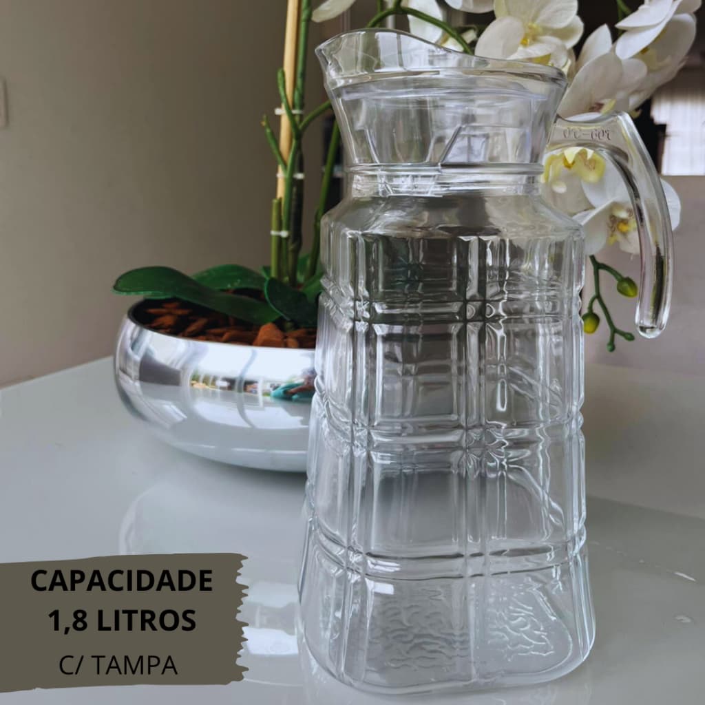 Jarra De Suco 1,8 Litros Alto Relevo Em Vidro Com Tampa