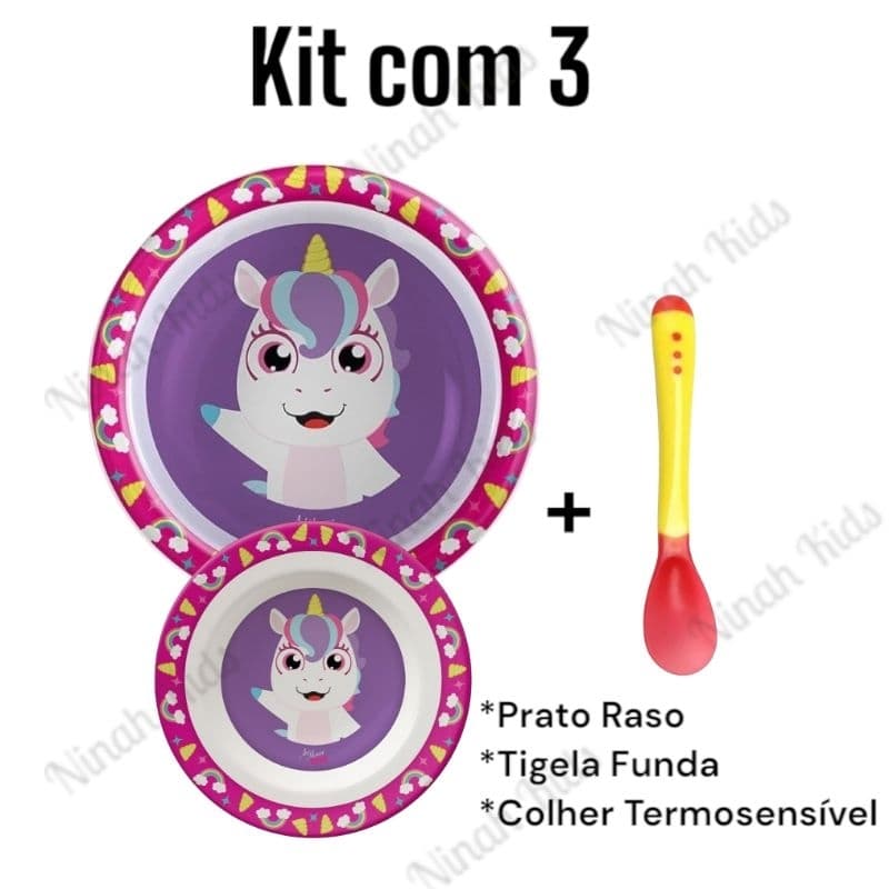 KIT 3 Itens Refeição Infantil Bebe Prato Redondo + Pratinho Fundo + Colher Bebê Infantil Lindos e Resistentes