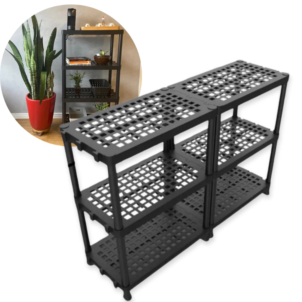 Kit 2 Estante Plastico Modular Multiuso 3 Prateleiras Resistente Preta
