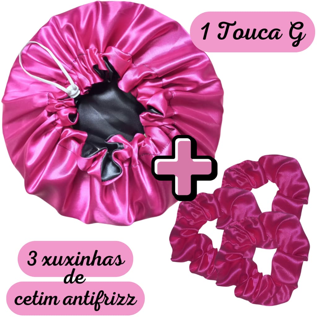 Touca Dupla Face Grande Antifrizz de Cetim com Ajuste+ 3 xuxinhas de cetim