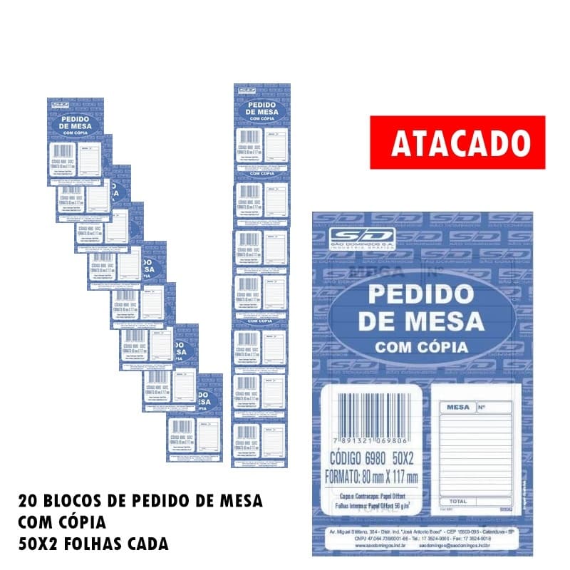 20 BLOCOS DE PEDIDO DE MESA COM CÓPIA 50X2 FOLHAS CADA 78mmx111mm ATACADO P/ RESTAURANTE E BARES