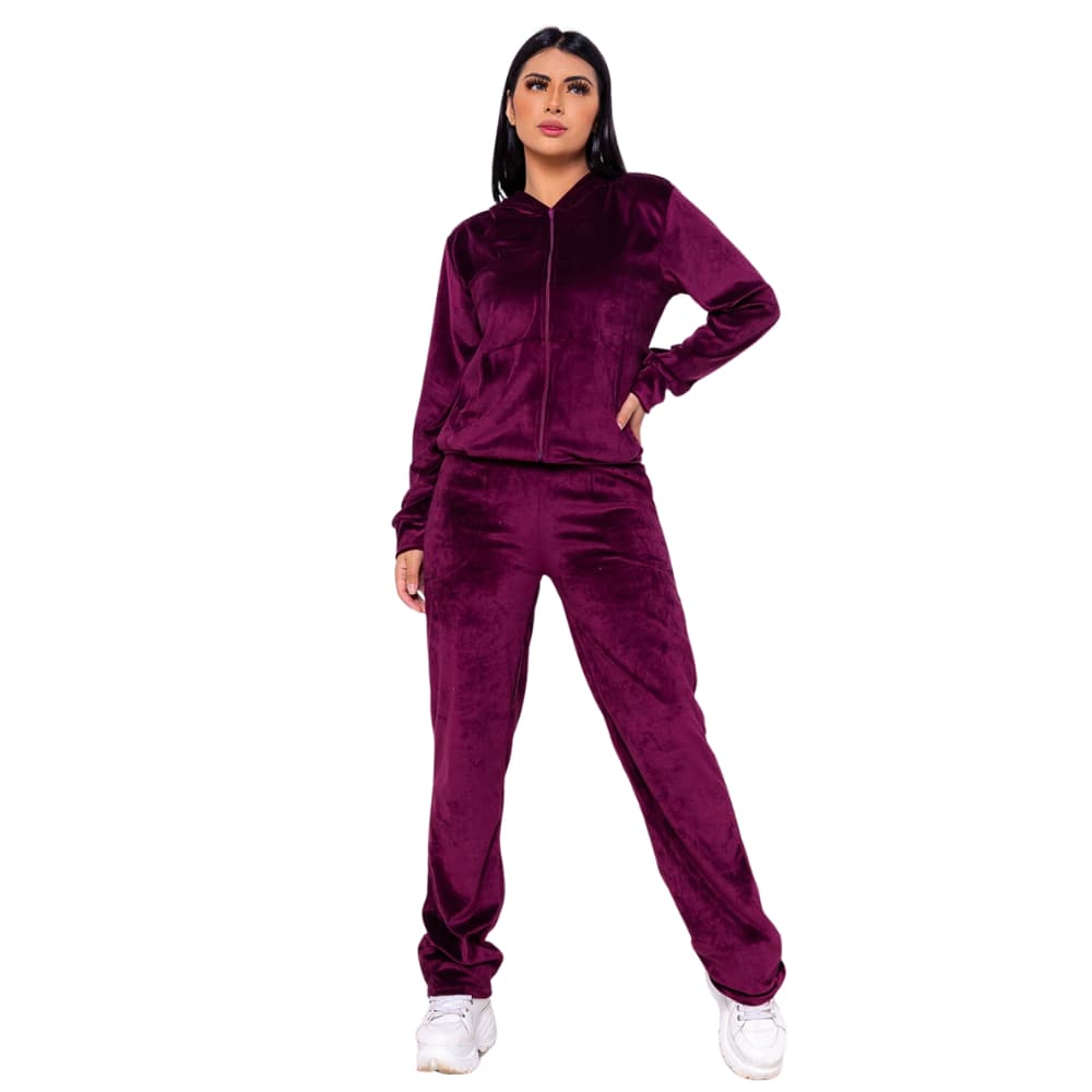 Conjunto Feminino Plush Capuz Bolso Calça e Blusa Inverno