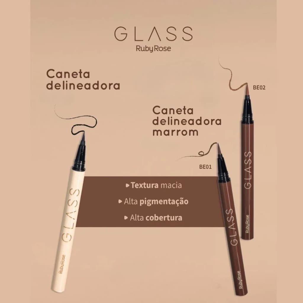 LANÇAMENTO Caneta Delineadora Glass by Ruby Rose Marrom ou Preto - Dark Brown, Light Brown e Black