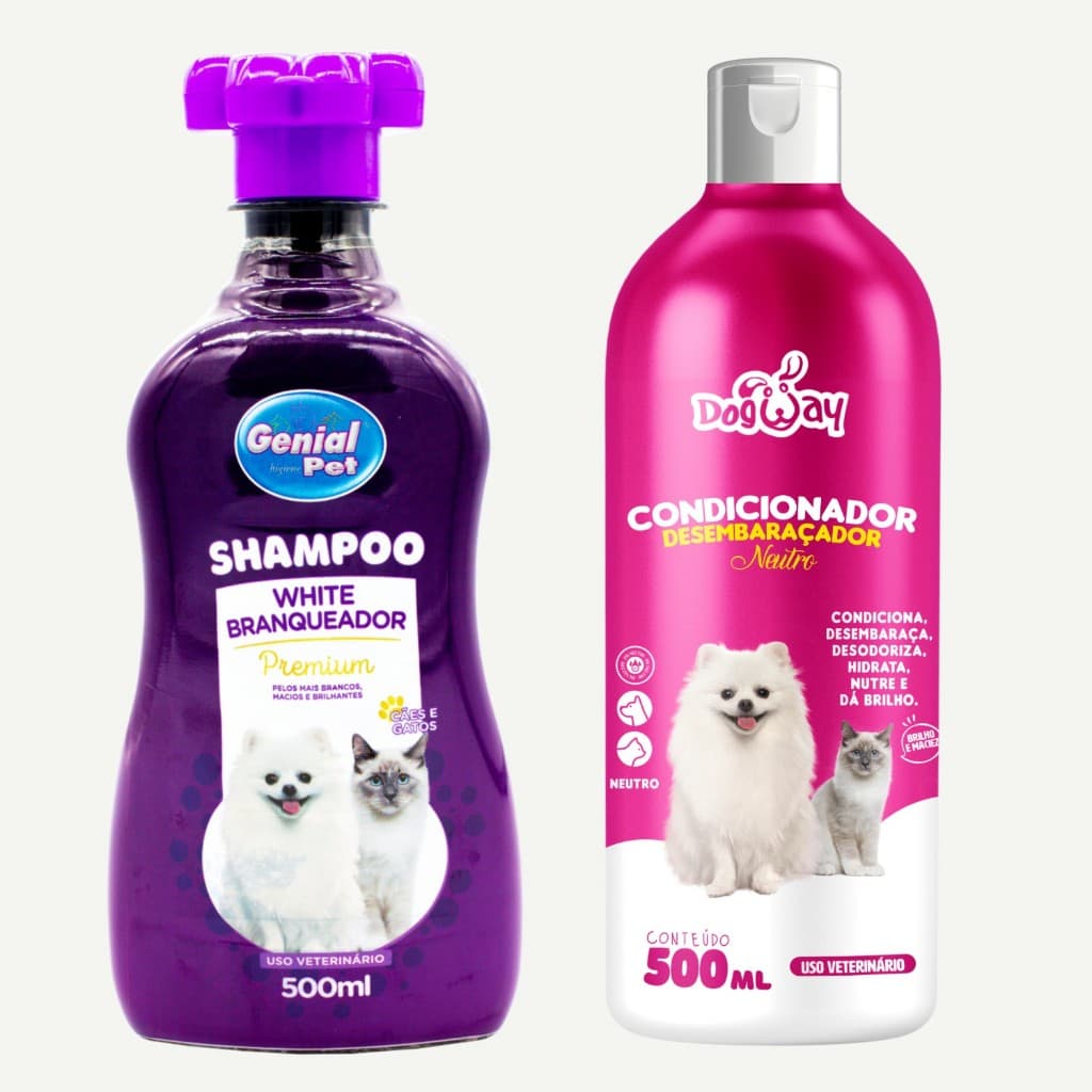 Kit Banho e Tosa Shampoo Branqueador Matizador Roxo Pelos Brancos Condicionador Desembaraçador Pet