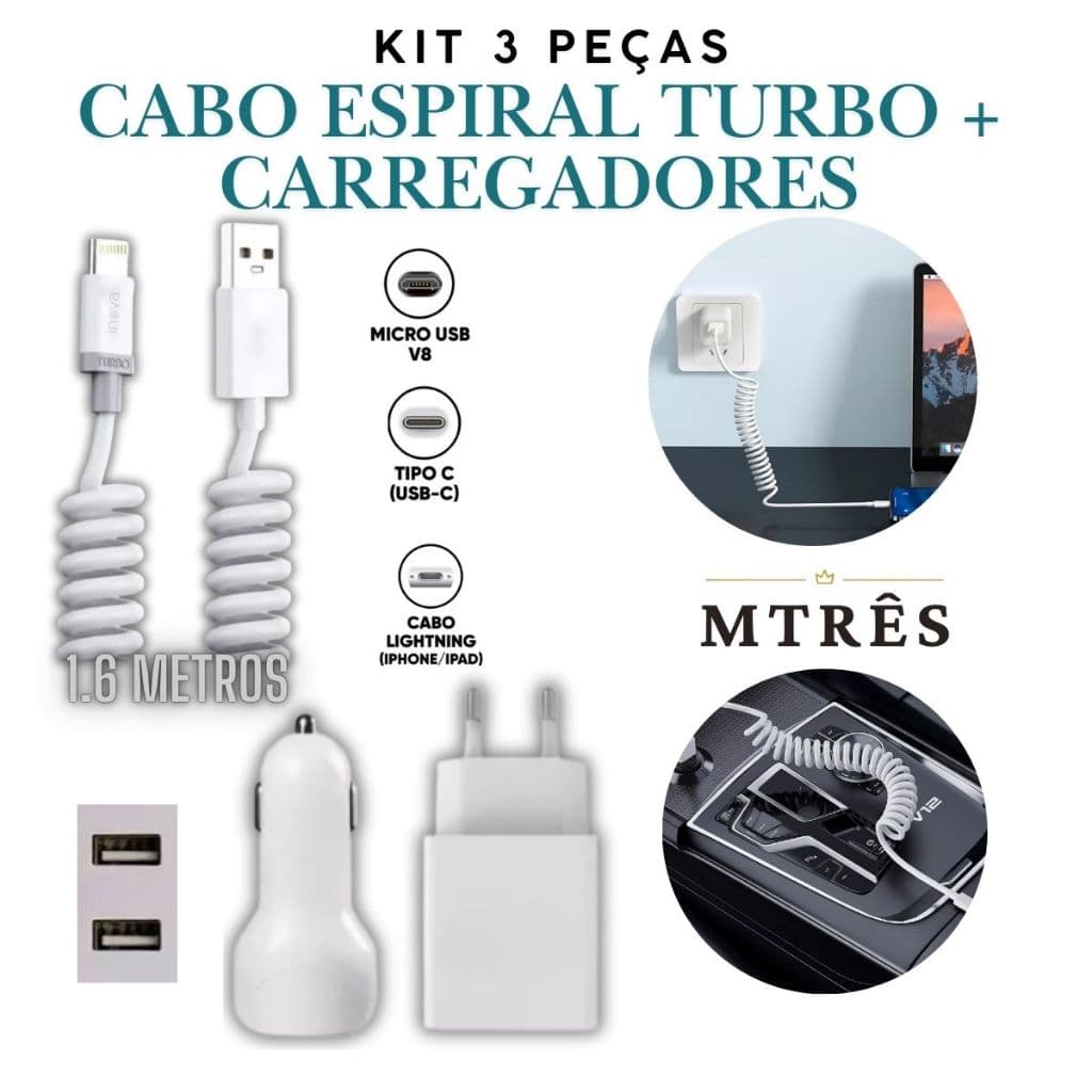 Cabo Espiral Turbo Carregador Mola Celular Veicular 3.1A 1,6 Metro Lightning Micro USB Tipo C Rápido