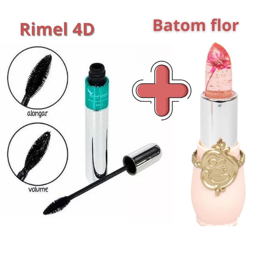 Kit Mascara de Cilios 4D Rimel a Prova D´água + Batom Flor Hidratante Lua e Neve